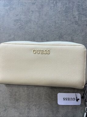 GUESS Cream Zip-Around Wallet with Gold Logo
